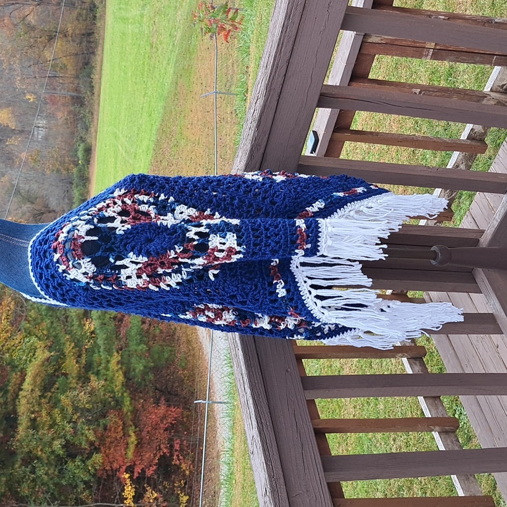 Hand Crafted Crochet Chunky Navy Blue White Burgundy Poncho Essential Boho - Picture 6 of 13